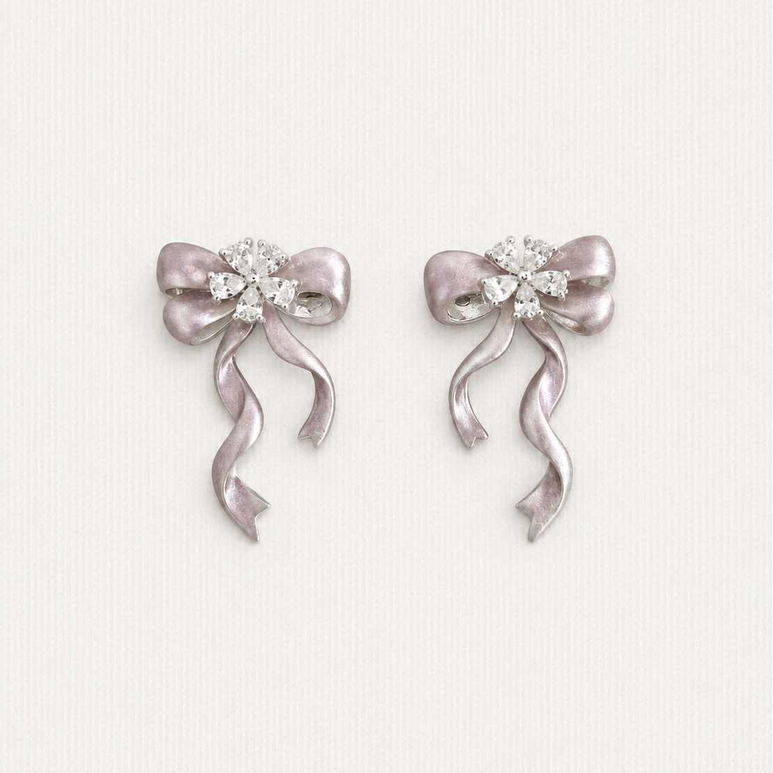 Pink Ribbon Zircon Flower Earrings