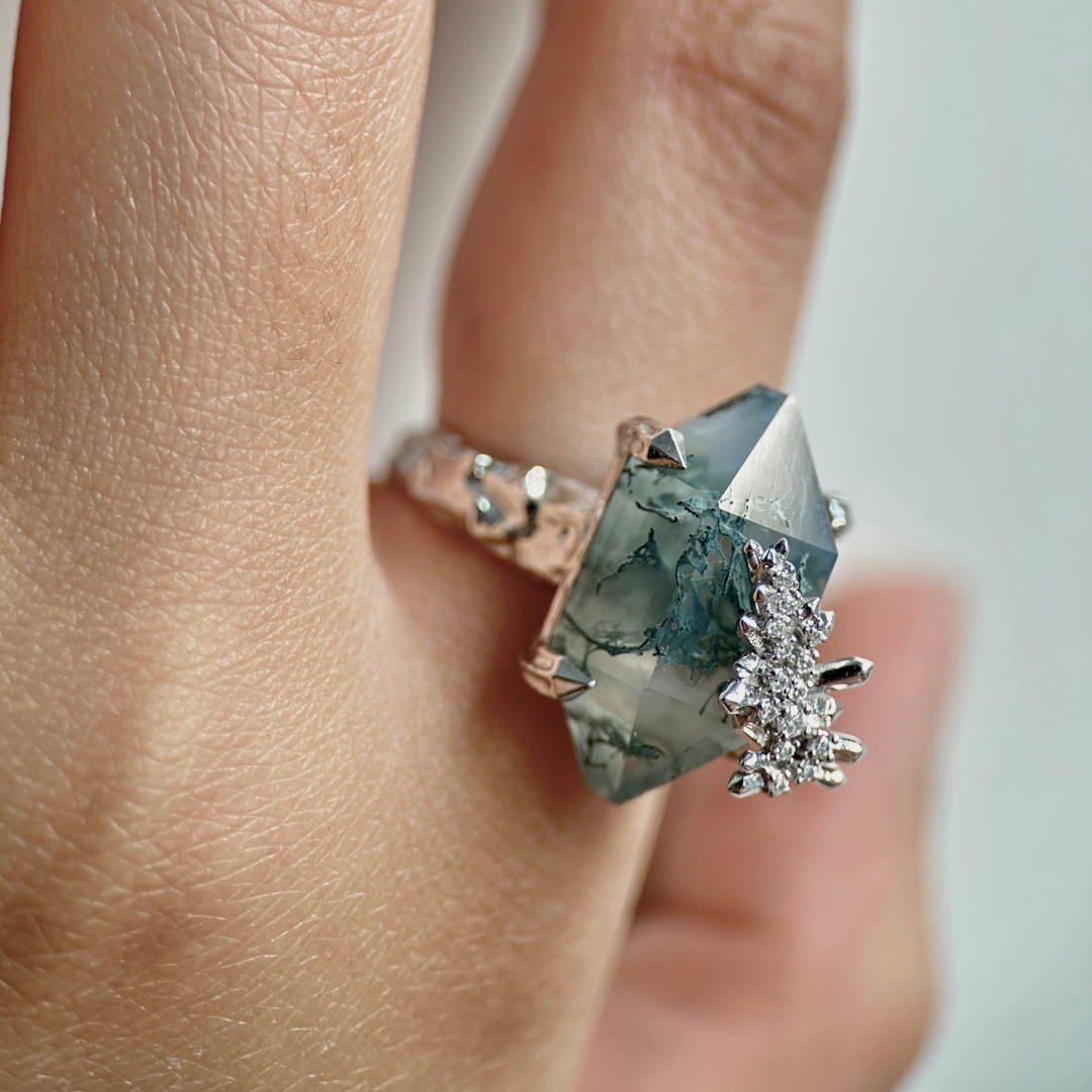 Moss Agate Gemstone Cluster Ring